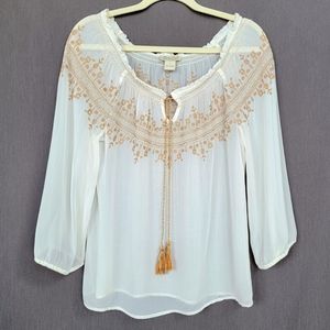 Lucky Brand Sheer Ivory Peasant Blouse Off Shoulder Embroidered Top sz Small